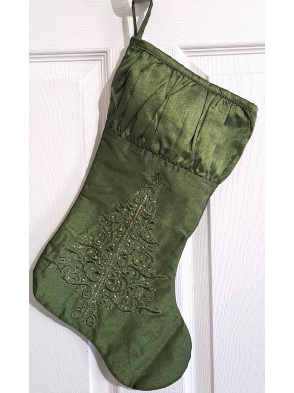 Unbranded Green Christmas Stocking Embroidered Gold Tree Hang Tab